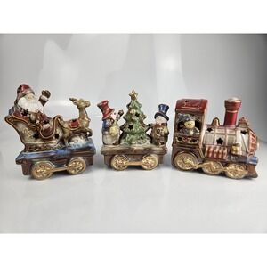 Vintage 3 Piece Stoneglaze Train Christmas Collection Santa Snowmen Stars